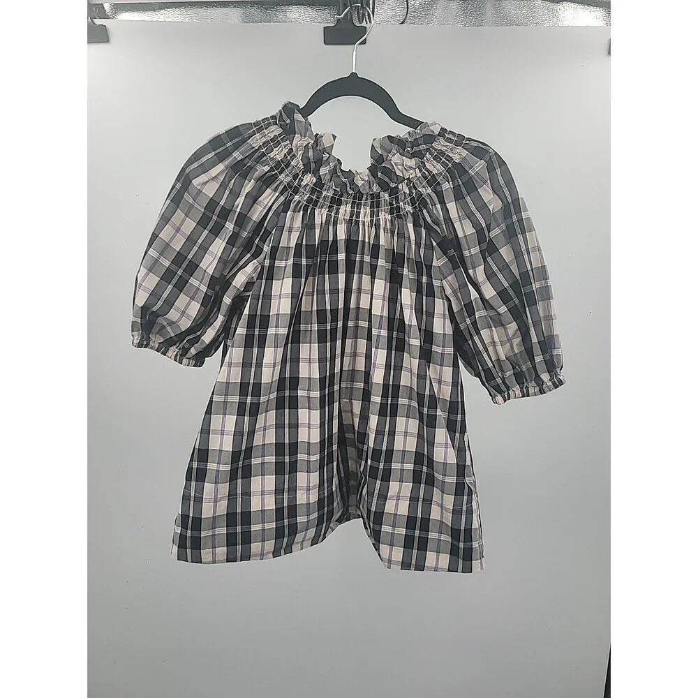 J Crew Smocked Neck Puff Sleeve Top In Friday Plaid Sz S Preppy Office Work